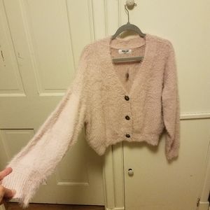 New sz small fuzzy crop pastel pink button sweater